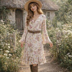 Vintage Casual Corner Skirt Set Size 10 Cream Floral Silk Cottagecore Fairy